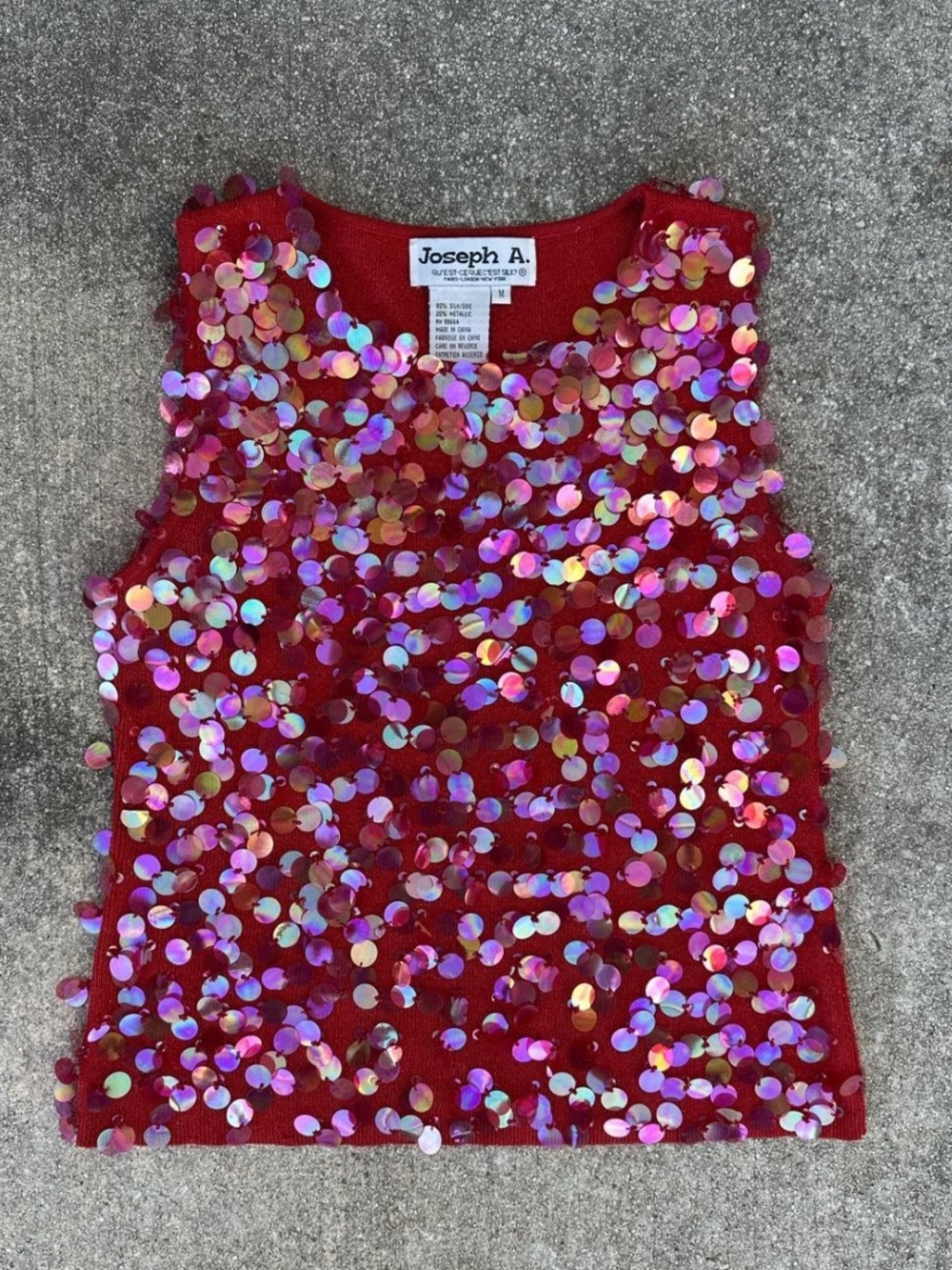 Red Silk Sequin Sleeveless Tank Top